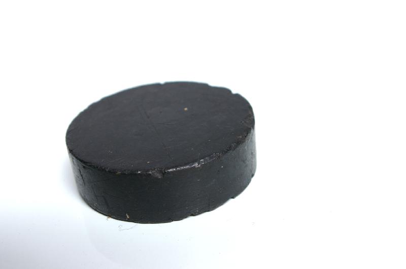 A hockey puck against a white background